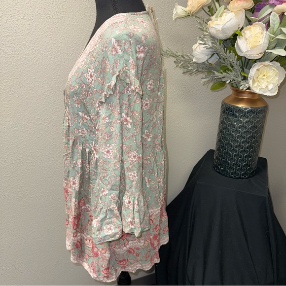 NWT Easel Boho Floral Babydoll Tunic Top Tie Neck Cottagecore Small - Picture 2 of 9